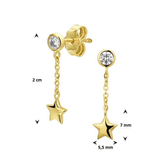 Collectie Milikan 14 karaat geelgouden oorhangers, knopje zirconia met hangertje sterretje 1047414