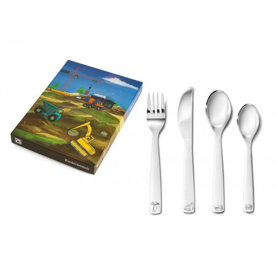 Zilverstad kinderbestek en spaarpotten Kinderbestek Bouwvoertuigen 4-delig 6826030