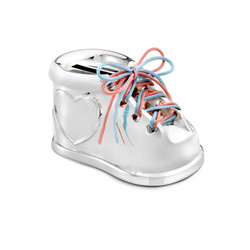 Zilverstad 7275261 Verzilverde spaarpot schoen met hart, roze & blauwe veters.