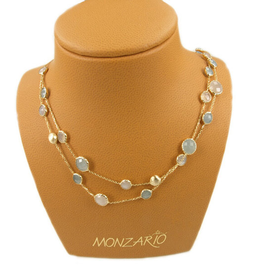 Monzario MONZARIO 1027C GEEL 14krt geelgouden fantasie collier, 2 rijen, fijn, met ronde aquamarijnen en maansteen  45 cm