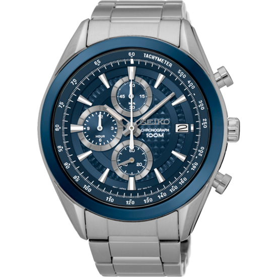 Seiko SEIKO Heren Chronograaf SSB177P1, staal/staal, blauwe wijzerplaat,  datum 10ATM