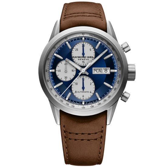 Raymond Weil Raymond Weil Freelancer 7732-TIC-50421, chronograaf automaat, heren staal/leer bruin, blauwe wijzerplaat, 10 ATM.