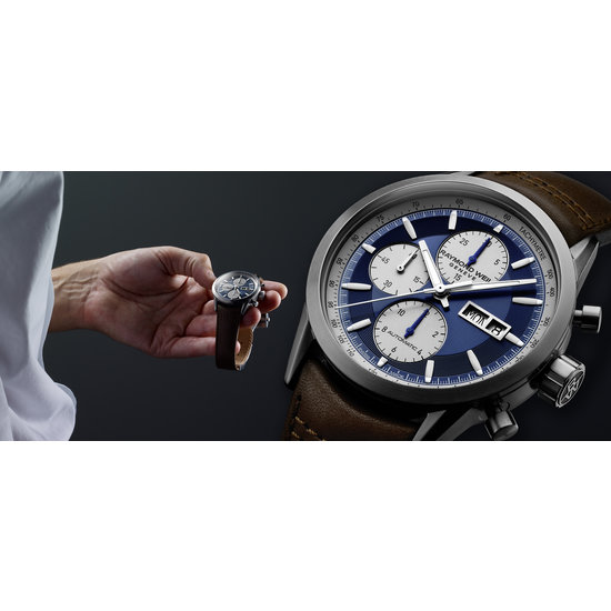 Raymond Weil Raymond Weil Freelancer 7732-TIC-50421, chronograaf automaat, heren staal/leer bruin, blauwe wijzerplaat, 10 ATM.