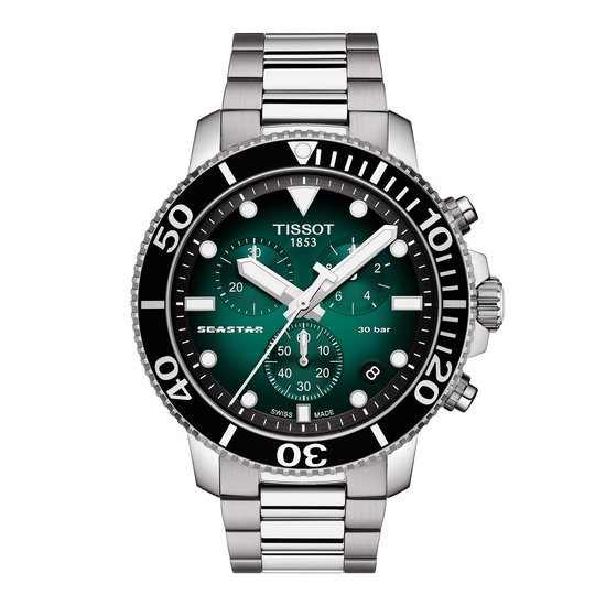 Tissot TISSOT SEASTAR  T1204171109101 Heren Chronograaf, staal/staal, quartz, zwart/groene wijzerplaat, saffier glas, 30ATM