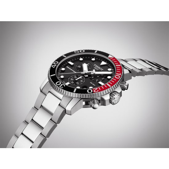 Tissot TISSOT SEASTAR T1204171105101 Heren Chronograaf, staal/staal, quartz, zwarte wijzerplaat, saffier glas, 30Atm