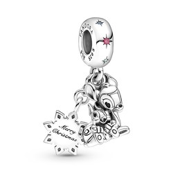 PANDORA DISNEY 799647C01 Bambi and Thumper sterling silver dangle with red and fancy light blue zirconia, royal green crystal end black enamel