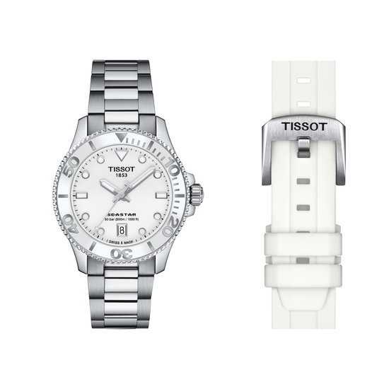 Tissot TISSOT SEASTAR 1000 36MM T1202101101100 quartz uurwerk, staal/staal witte wijzerplaat en bezel, extra witte siliconeband, datum-6, 30ATM