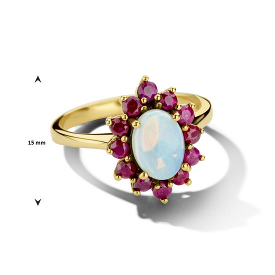 Collectie Milikan 14 karaat  geelgouden vintage-look ring met opaal 0.80ct en robijn 0.492ct, maat 17 1/4, 1054170