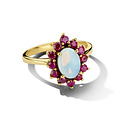 Collectie Milikan 14 karaat  geelgouden vintage-look ring met opaal 0.80ct en robijn 0.492ct, maat 17 1/4, 1054170
