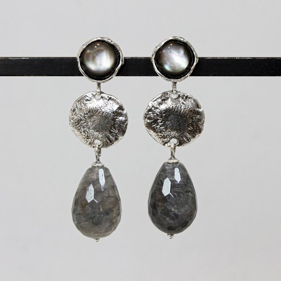 Jéh Jewels JEH JEWELS Zilveren oorstekers Trio Grijs 20857, geoxideerd glimmend zilver, Cloudy Quarts en Abalon