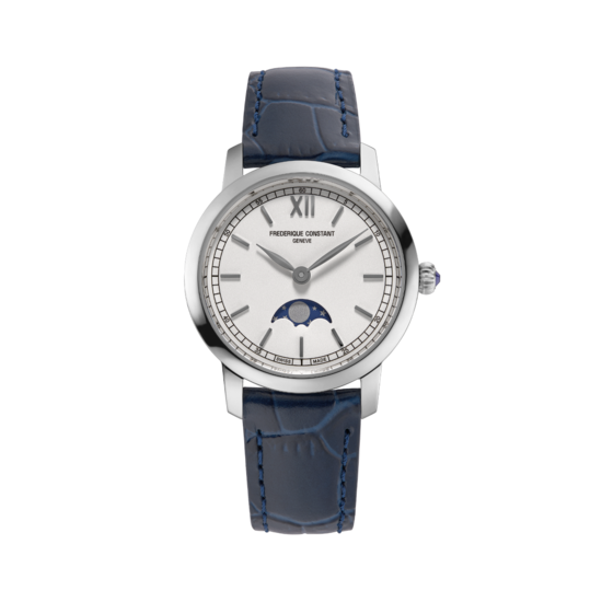 Frederique Constant Frederique Constant Slimline FC-206SW1S6, Quartz, staal/leer blauw, wijzerpl. wit, maan fase, 3 ATM