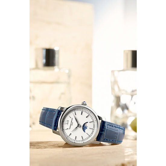 Frederique Constant Frederique Constant Slimline FC-206SW1S6, Quartz, staal/leer blauw, wijzerpl. wit, maan fase, 3 ATM