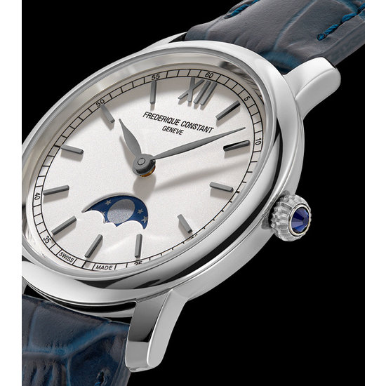 Frederique Constant Frederique Constant Slimline FC-206SW1S6, Quartz, staal/leer blauw, wijzerpl. wit, maan fase, 3 ATM