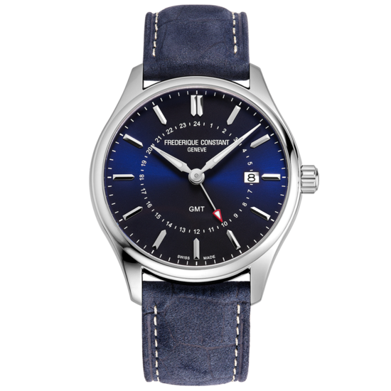 Frederique Constant Frederique Constant Classics FC-252NS5B6, Quartz, GMT,  40 mm, staal/leer blauw, blauwe wijzerplaat, datum, 5ATM.