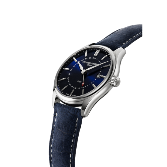 Frederique Constant Frederique Constant Classics FC-252NS5B6, Quartz, GMT,  40 mm, staal/leer blauw, blauwe wijzerplaat, datum, 5ATM.