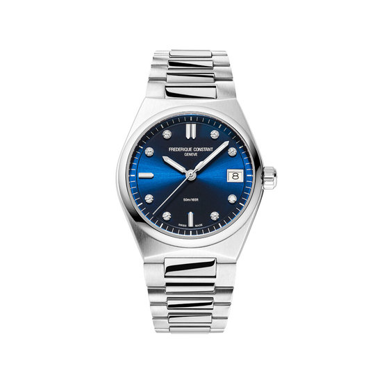 Frederique Constant Frederique Constant Highlife ladies FC-240ND2NH6B, staal/staal, quartz, 34 mm, blauwe wijzerplaat, diamant indexen, 5ATM