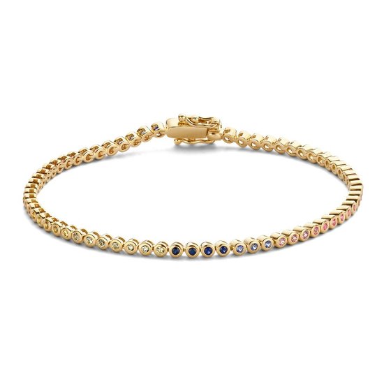 Collectie Milikan Huiscollectie 14krt geelgouden tennisarmband 1054644 met regenboogsaffier in chatonzetting, 18 cm