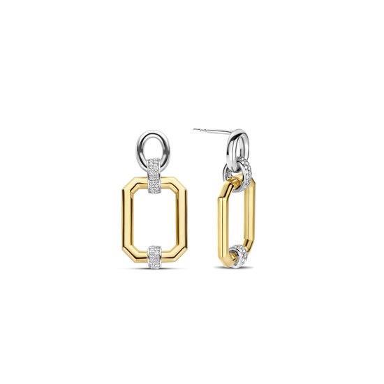 Ti Sento Milano TI SENTO MILANO Zilveren gerhodineerde oorbellen met vergulde hoekige hanger en zirconia 7920ZY