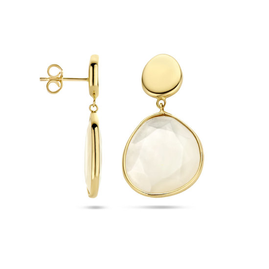 Collectie Milikan 14krt Geelgouden oorknoppen met druppelvormige platte parelmoer hangers 2x 5.5ct, 2,8 cm, 19x15.5 mm