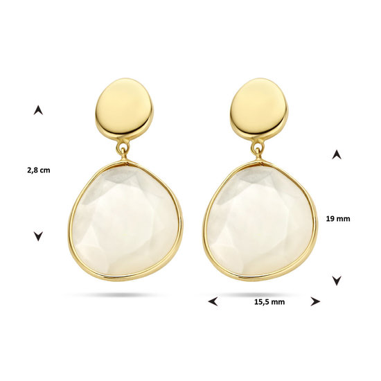 Collectie Milikan 14krt Geelgouden oorknoppen met druppelvormige platte parelmoer hangers 2x 5.5ct, 2,8 cm, 19x15.5 mm