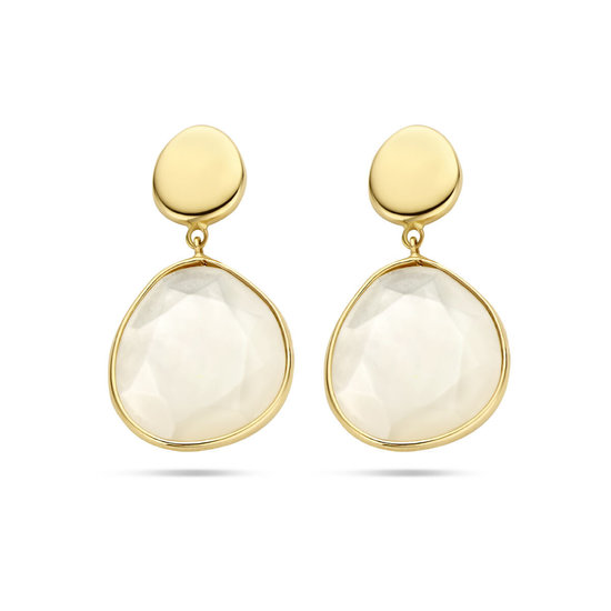 Collectie Milikan 14krt Geelgouden oorknoppen met druppelvormige platte parelmoer hangers 2x 5.5ct, 2,8 cm, 19x15.5 mm