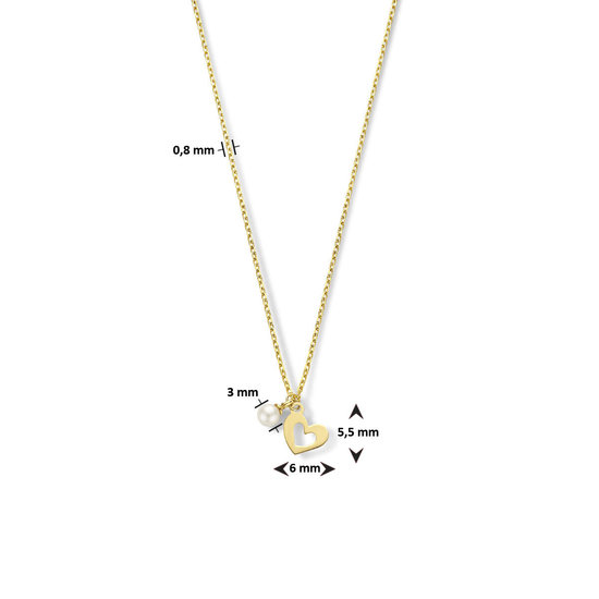 Collectie Milikan 14krt Geelgouden ankercollier met klein hartje + wit zoetwaterpareltje 3 mm, 41-44 cm