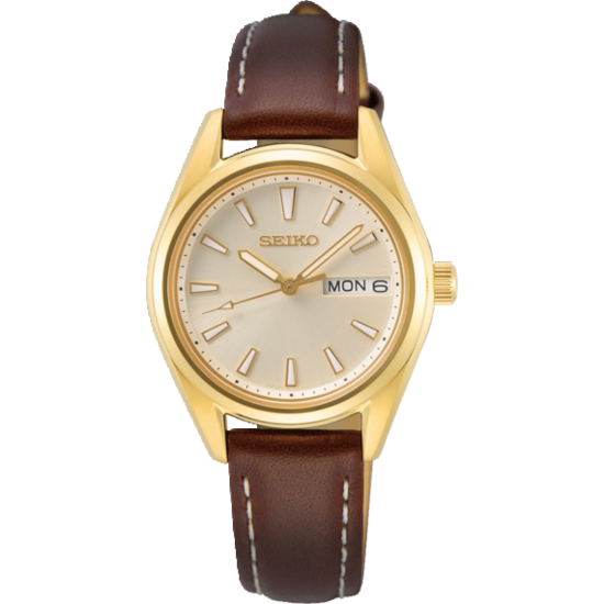 Seiko SEIKO Dames SUR456P1, staal/double leer bruin, saffier glas, champagnekl. wijzerplaat, dag-datum, 10 ATM.