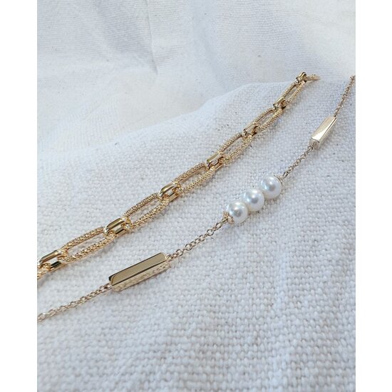 Collectie Milikan Huiscollectie 14krt geelgouden armband 1055582, 2x massief staafje + 3x witte zoetwaterparel, 19 cm