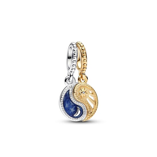 Pandora PANDORA Yin en Yang sterling silver and 14k gold-plated dangle with clear cubic zirconia and shaded blue enamel 762678C01