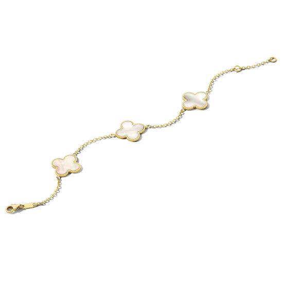 Collectie Milikan Huiscollectie 14 krt geelgouden armband, ankerschakel 1.5 mm dik, 3x gouden klavertje met parelmoer, 16-18 cm, 1056163