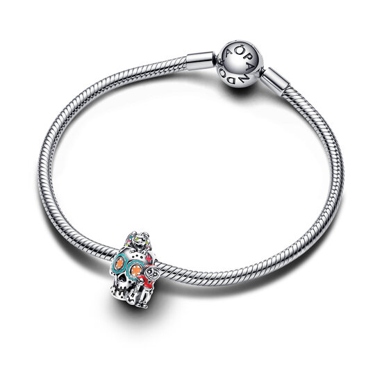 Pandora PANDORA DISNEY 792817C01 Pixar Coco skull sterling silver charm, with red, green, orange, yelllow, pink and glow in the dark enamel