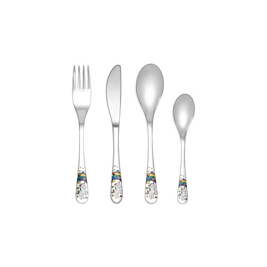 Zilverstad kinderbestek en spaarpotten Kinderbestek Unicorn 4-delig  4260070 RVS met kleur