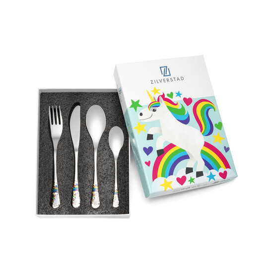 Zilverstad kinderbestek en spaarpotten Kinderbestek Unicorn 4-delig  4260070 RVS met kleur