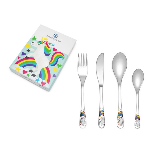 Zilverstad kinderbestek en spaarpotten Kinderbestek Unicorn 4-delig  4260070 RVS met kleur