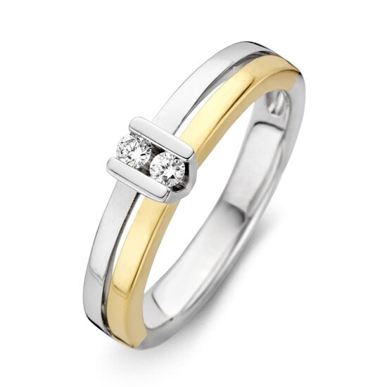 Collectie Milikan Huiscollectie 14krt bicolor briljantring, 2x diamant tot. 0.10ct H/SI in V-zetting 1056495