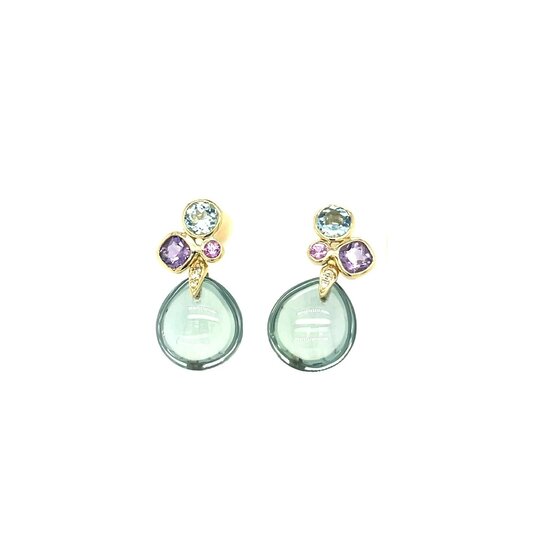 Collectie Milikan Huiscollectie 18krt roségouden oorknoppen met groene amethyst, topaas, roze saffier, amethyst  en diamant tot. 0.03ct H/SI, 1056485