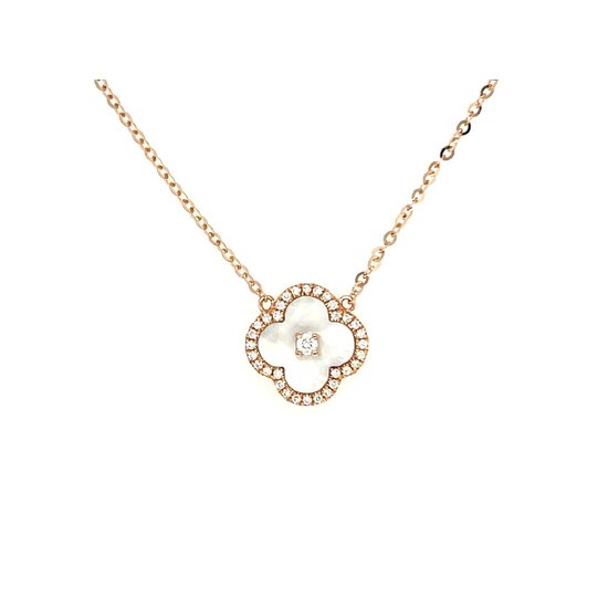 Collectie Milikan Huiscollectie 18krt roségouden ankercollier met hanger, klaver vorm, parelmoer met diamantjes 0.16ct H/SI, 1056380