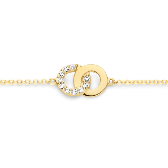Blush BLUSH 14krt geelgouden armband, tussenstukje 2 ringen in elkaar, 1 met zirconia's, 18 cm, 2223YZI