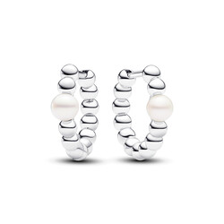 PANDORA 293178C01 Beaded sterling silver hoop earrings with white treated freshwater cultured pearl