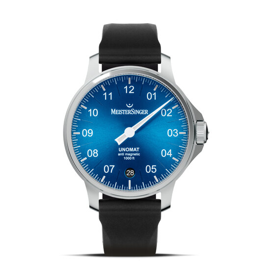 MeisterSinger MeisterSinger Unomat UN918, 43 mm, staal/staal, sunburst blauwe wijzerplaat, automatisch uurwerk, saffier glas, 30 ATM