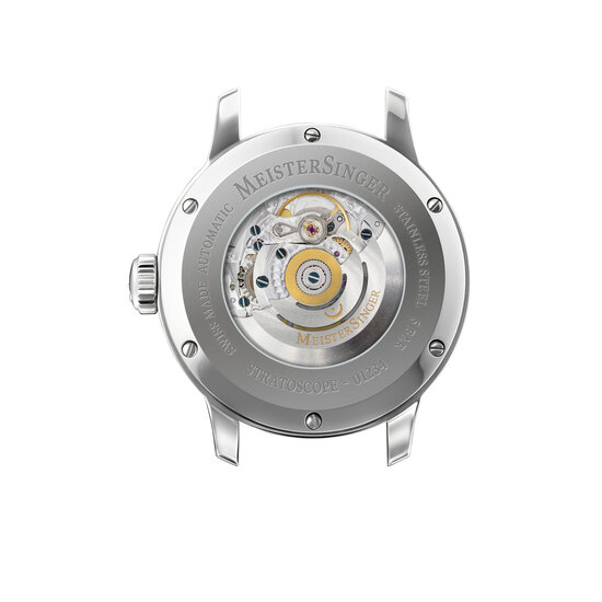 MeisterSinger MeisterSinger Stratoscope ST982, staal/leer bruin,  wijzerpl. zwart/sunburst blue,  saf. glas, grote maanfase, 43 mm, 5ATM.