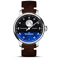 MeisterSinger MeisterSinger Stratoscope ST982, staal/leer bruin,  wijzerpl. zwart/sunburst blue,  saf. glas, grote maanfase, 43 mm, 5ATM.