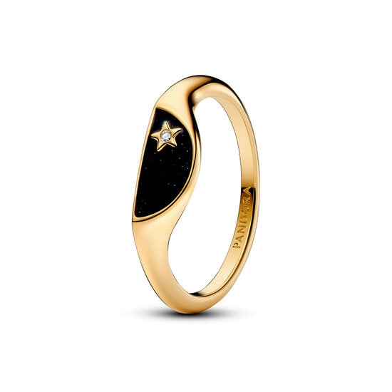 Pandora PANDORA SHINE 163325C01 Halved signet 14k gold-plated ring with zirconia and glittery black enamel