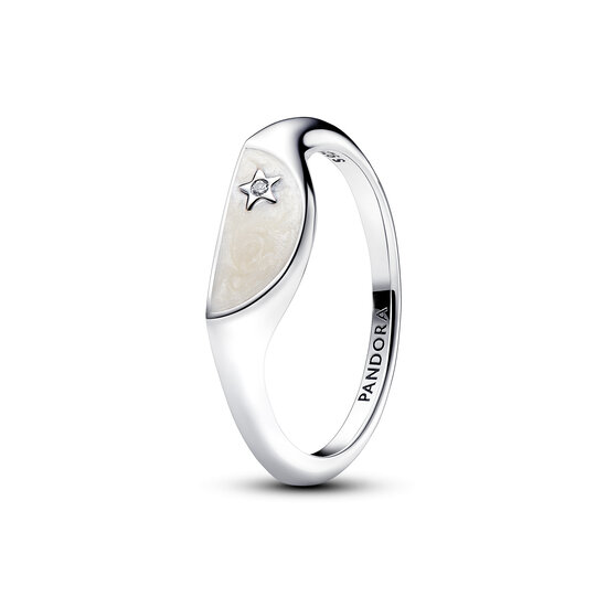 Pandora PANDORA 193325C01 Halved signet sterling silver ring with zirconia and shimmering white enamel