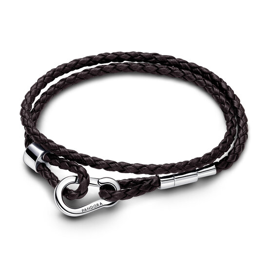 Pandora PANDORA 593338C01 Brown braided double leather bracelet with sterling silver clasp