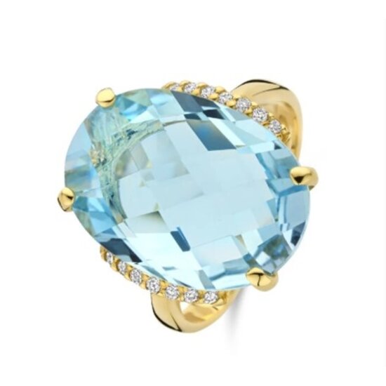 Jarrèl Jewelry JARREL 14krt geelgouden ring Sienna Grande Bellisimo 4Y.6189.TQS.Dia met ovale gefacetteerde blauwe topaas en diamantjes