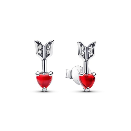 Pandora PANDORA 293668C01 Heart arrow sterling silver stud earrings with red Murano glass and zirconia