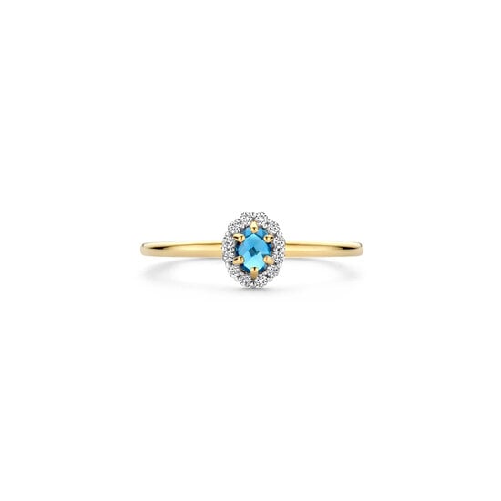 Blush BLUSH 1258YLB 14krt geelgouden ring met gefacetteerde London Blue Topaas, entourage zirconia's