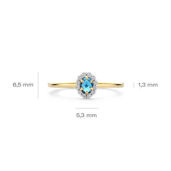 Blush BLUSH 1258YLB 14krt geelgouden ring met gefacetteerde London Blue Topaas, entourage zirconia's