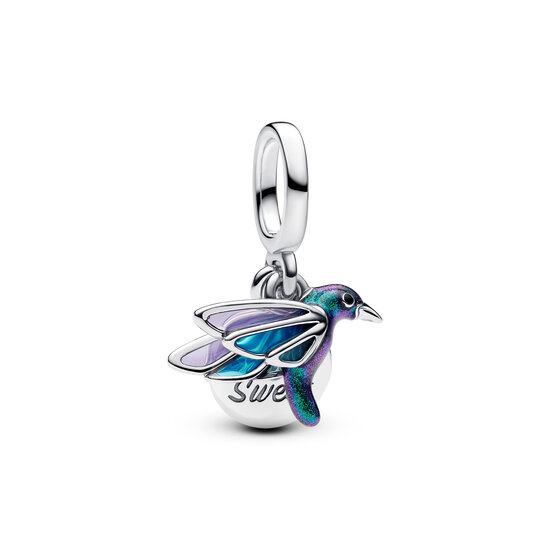 Pandora PANDORA 793746C01 Hummingbird sterling silver double dangle with glittery green, black, blue and purlpe enamel